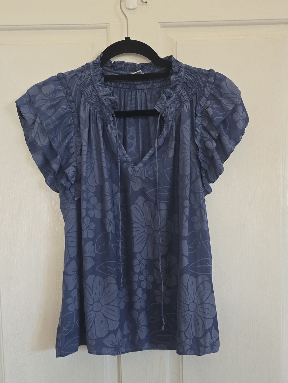Current Air Blue Floral Ruffle Sleeve Blouse